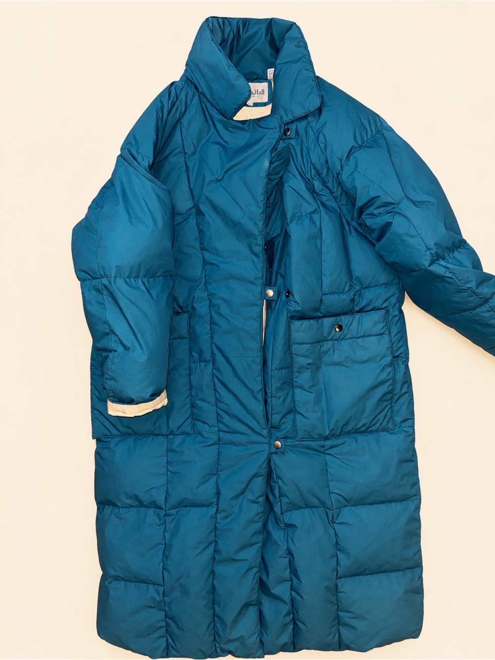 Vintage Saxton Hall Long Teal Blue Quilted Down Puffer Coat